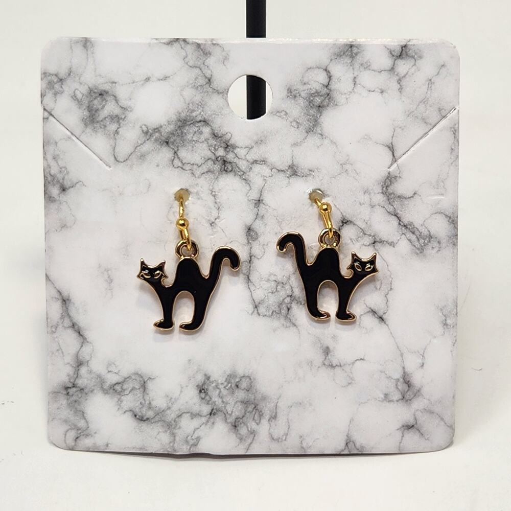 Black Cat Enamel Dangle Drop Hook Earrings Gold Tone Feline Figural Jewelry